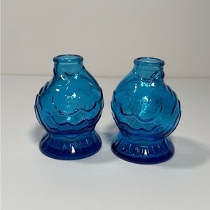 Two Vintage Wheaton NJ Cobalt Blue Glass "CATARRAH CURE" Fish Bottles 3.5” Tall